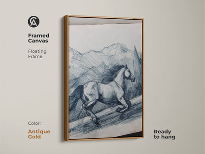 Framed canvas in antique gold shows rustic horse line art. Indigo mountain sketch is ready to hang. Floating frame enhances equestrian art. The animal landscape print adds charm to any room. Sketch style artwork for horse lovers. It’s a unique gift idea.