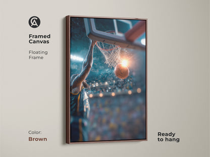 Framed basketball art with a brown frame. The canvas is ready to hang. The artwork captures a dynamic dunk. Enhance your decor with this sporty and modern framed art.