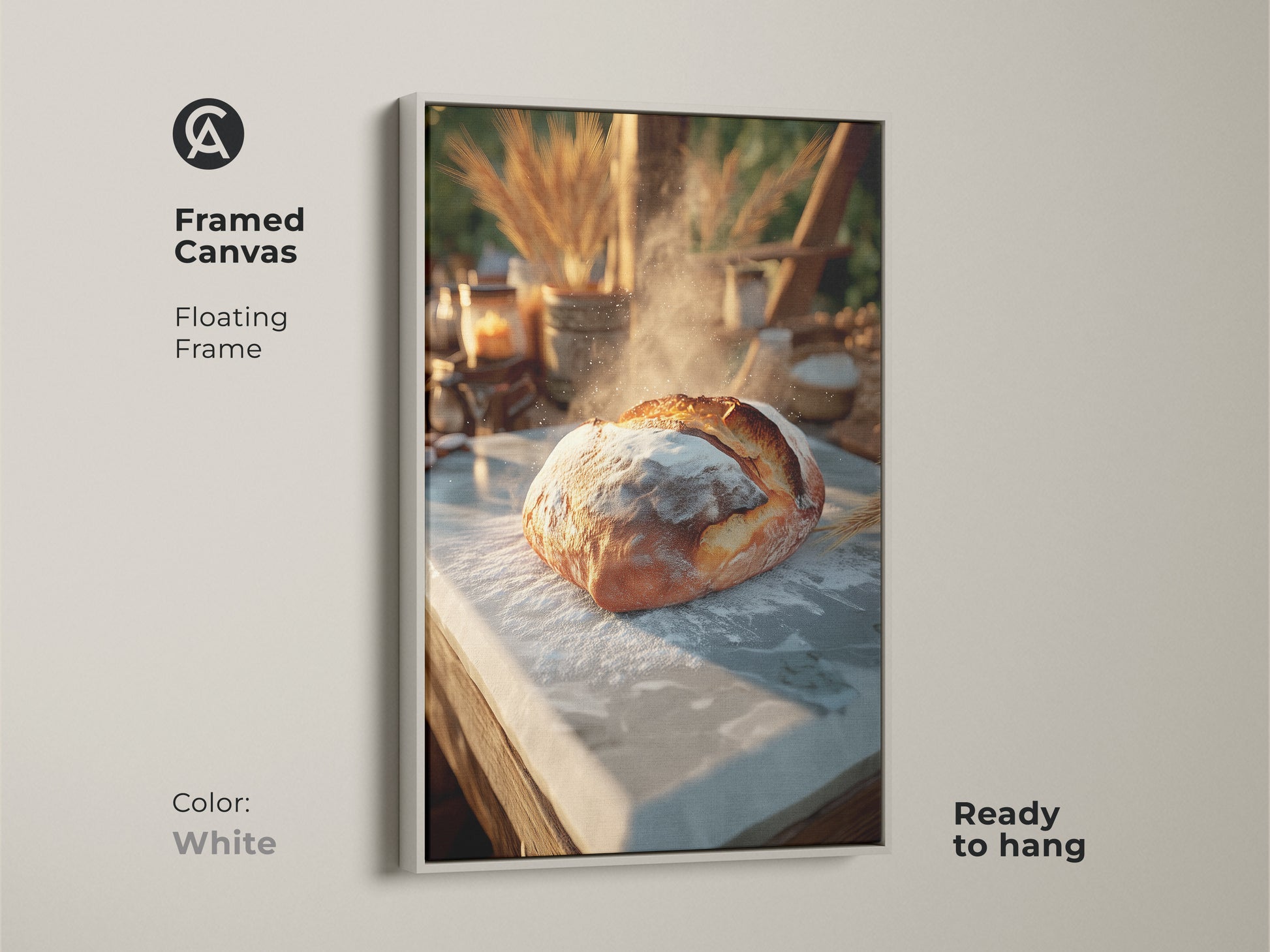 Framed canvas art with a floating white frame featuring artisan bread artwork. The golden brown and cream tones create a rustic farmhouse charm. Perfect for modern kitchen decor. This photorealistic food art brings culinary inspiration to any home. A delightful housewarming gift.