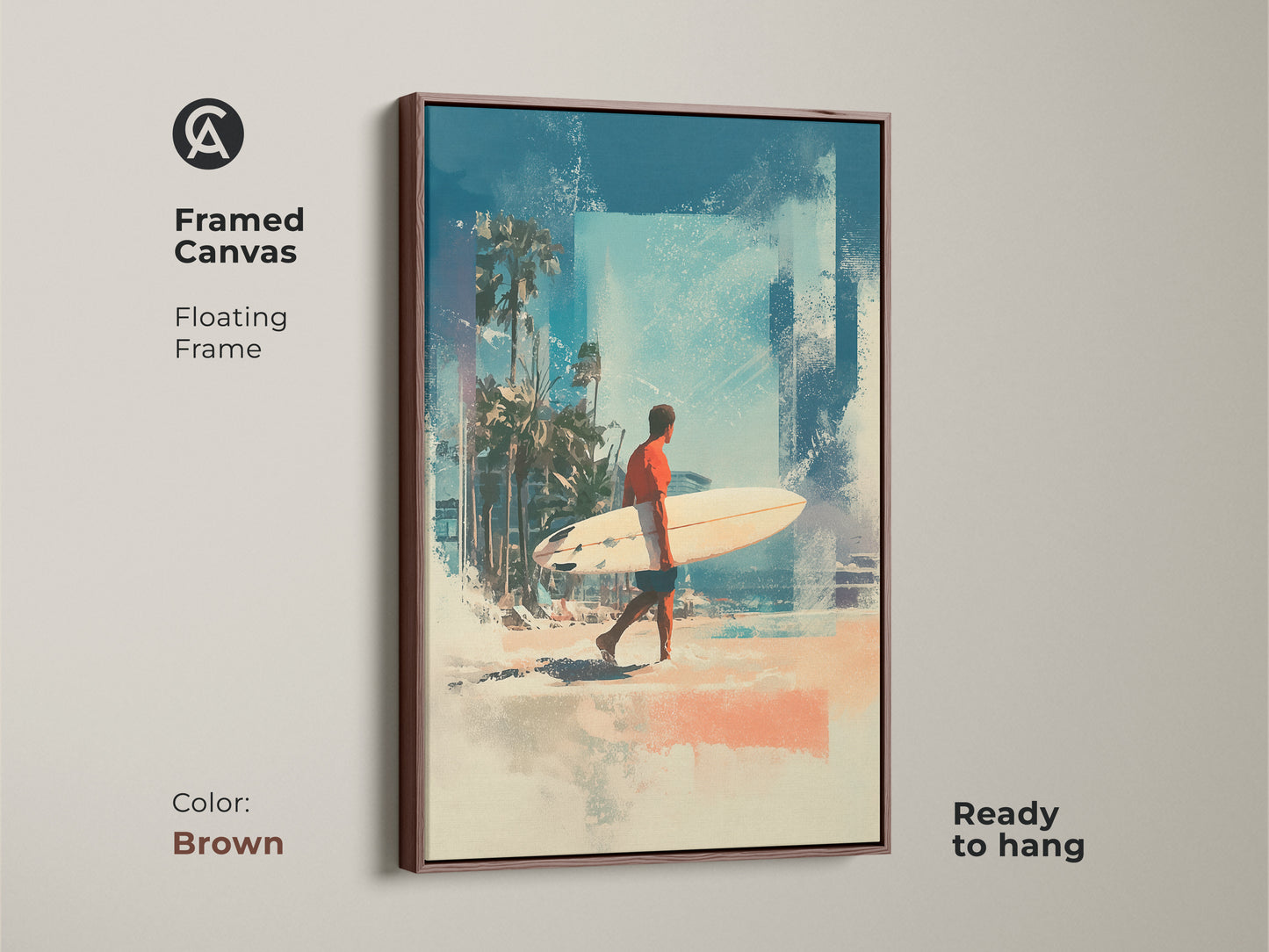 Elevate your space with this framed canvas art. The brown floating frame complements the beach scene perfectly. The artwork captures a surfer walking along the beach with his surfboard. This piece is ready to hang and admire. Shop now for beach art.