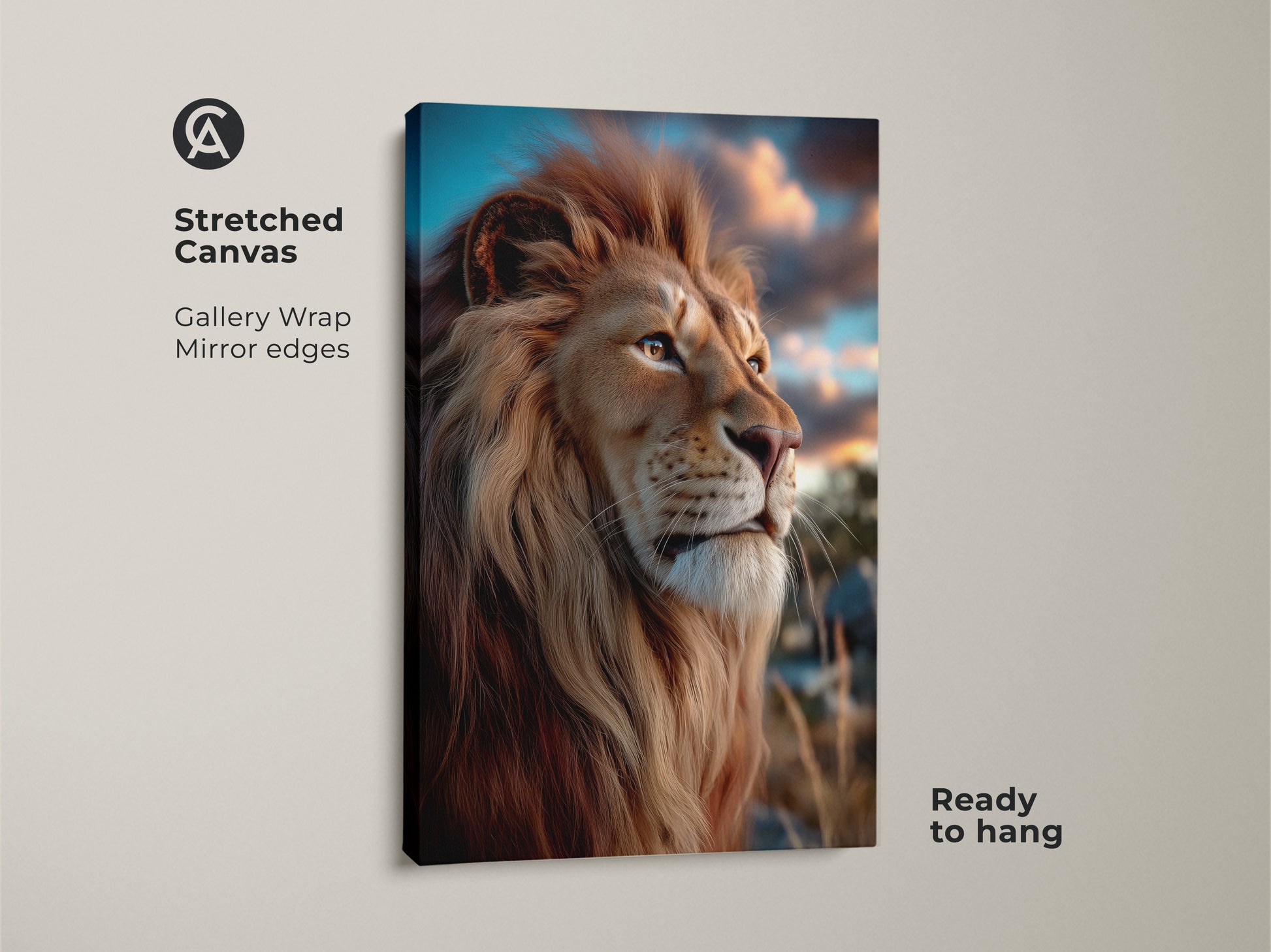 This shows a photorealistic lion canvas art on a stretched canvas. It's a golden brown wildlife print with mirror edges for eclectic bedroom wall decor. The savanna animal artwork is ready to hang. A lion face wall hanging that brings nature-inspired home decor.