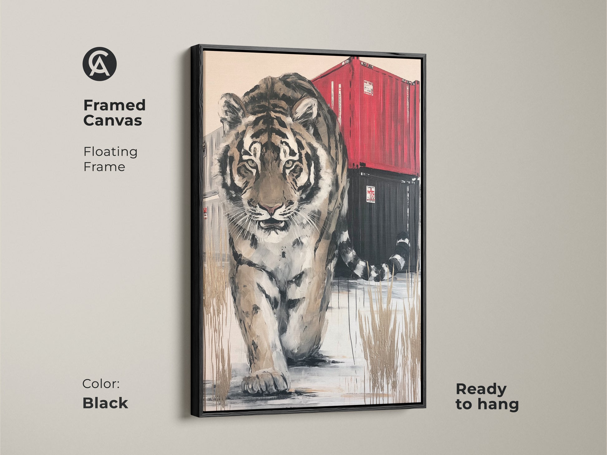 Framed canvas art print of a tiger with a floating black frame. This modern animal artwork is ready to hang. Its bold image adds a sophisticated touch to your home or office decor blending wildlife and urban elements.