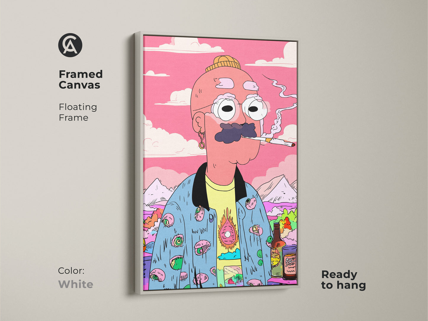 Framed canvas featuring a cartoon man smoking. The white floating frame offers a clean and modern look. This ready-to-hang artwork adds a fresh and quirky touch to any space. The unique character and vibrant details make it a standout piece. Perfect for adding personality to your wall art.