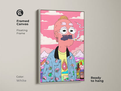 Framed canvas featuring a cartoon man smoking. The white floating frame offers a clean and modern look. This ready-to-hang artwork adds a fresh and quirky touch to any space. The unique character and vibrant details make it a standout piece. Perfect for adding personality to your wall art.