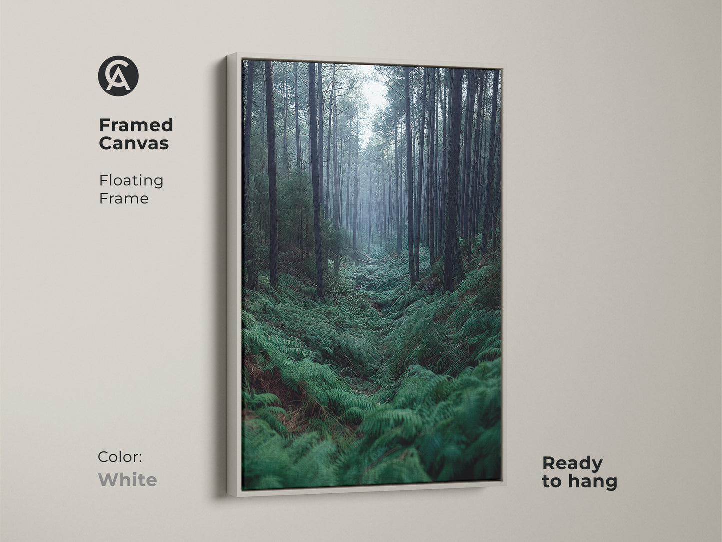 Framed canvas of a Misty Forest scene. This nature artwork has a floating white frame. It's a deep green nature print. Ideal as cozy bedroom wall decor.