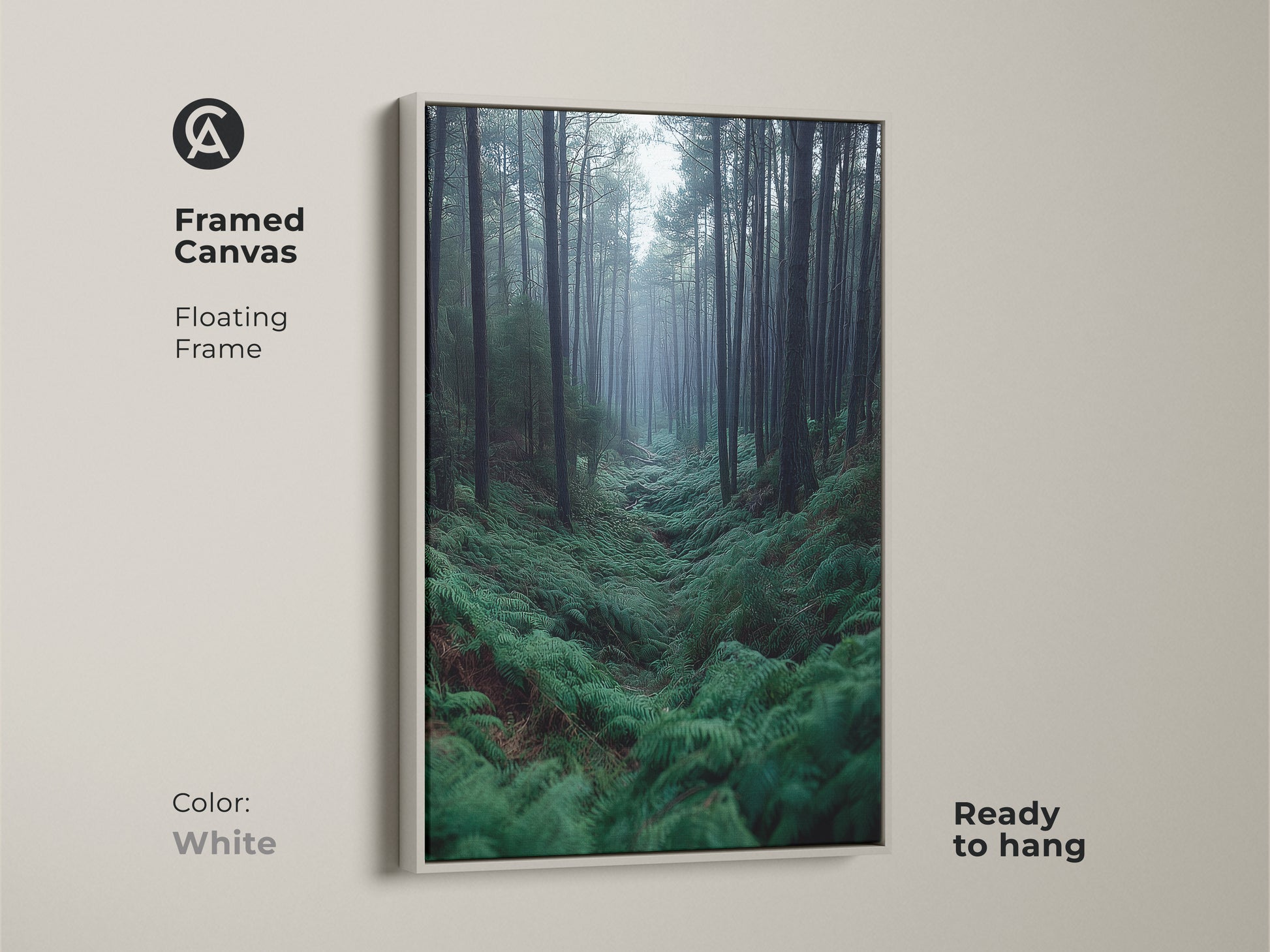 Framed canvas of a Misty Forest scene. This nature artwork has a floating white frame. It's a deep green nature print. Ideal as cozy bedroom wall decor.
