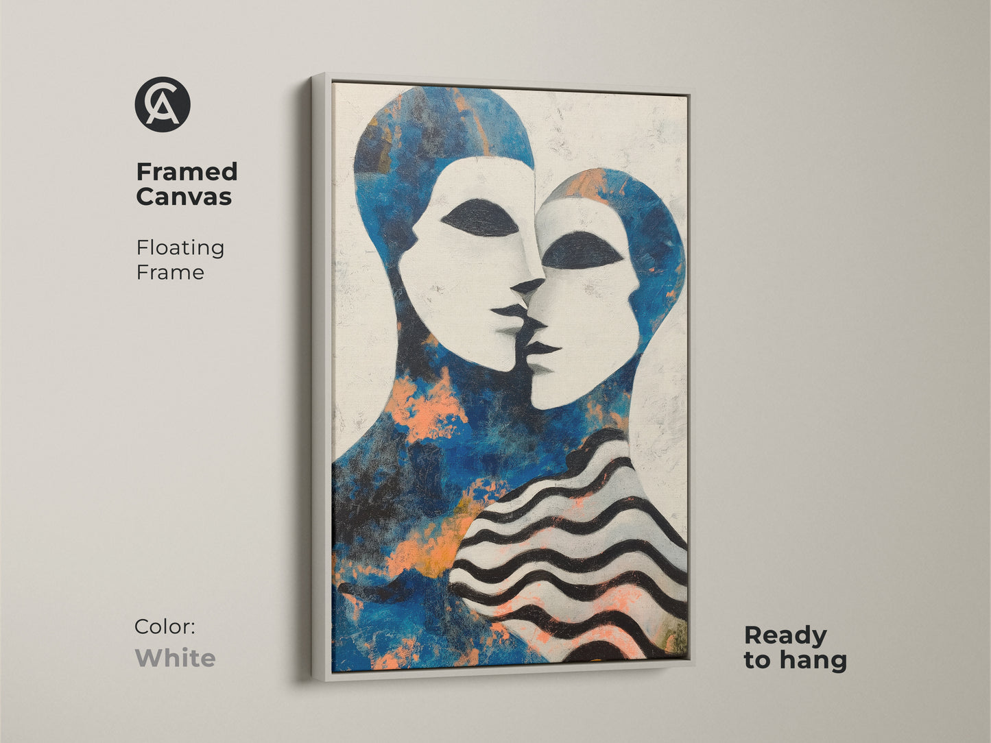 Framed canvas showcasing the abstract portrait print. The modern style of this couple art is striking. It's a perfect blue and white wall art piece. Ideal as a contemporary couple gift or for eclectic bedroom decor.