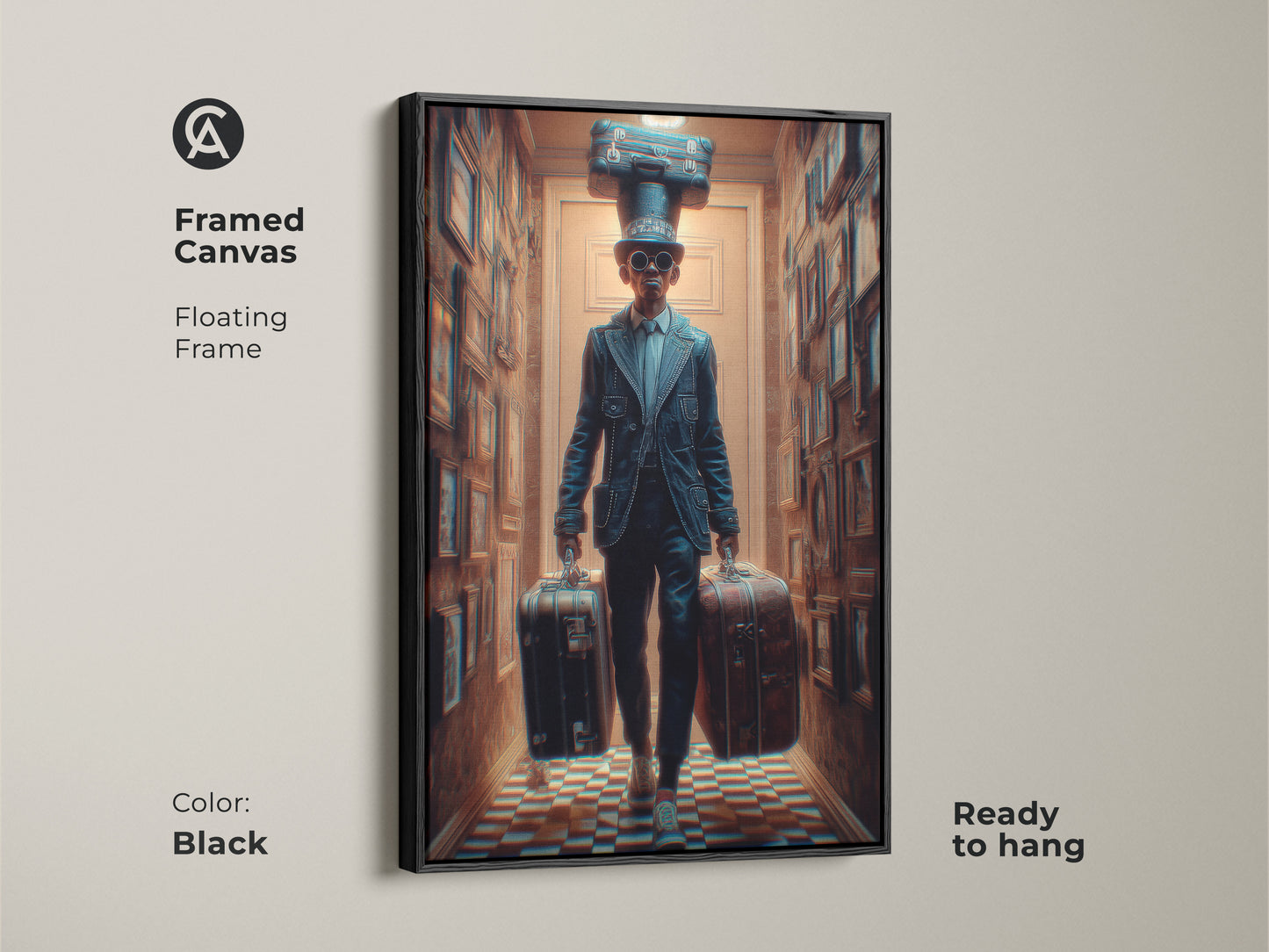 Framed Canvas in Black featuring a Surreal Steampunk Man. The floating frame enhances the artwork. The artwork features a man with suitcases and hat. Ready to hang this eclectic office decor is perfect for travel enthusiasts. This unique wall art adds sophistication.