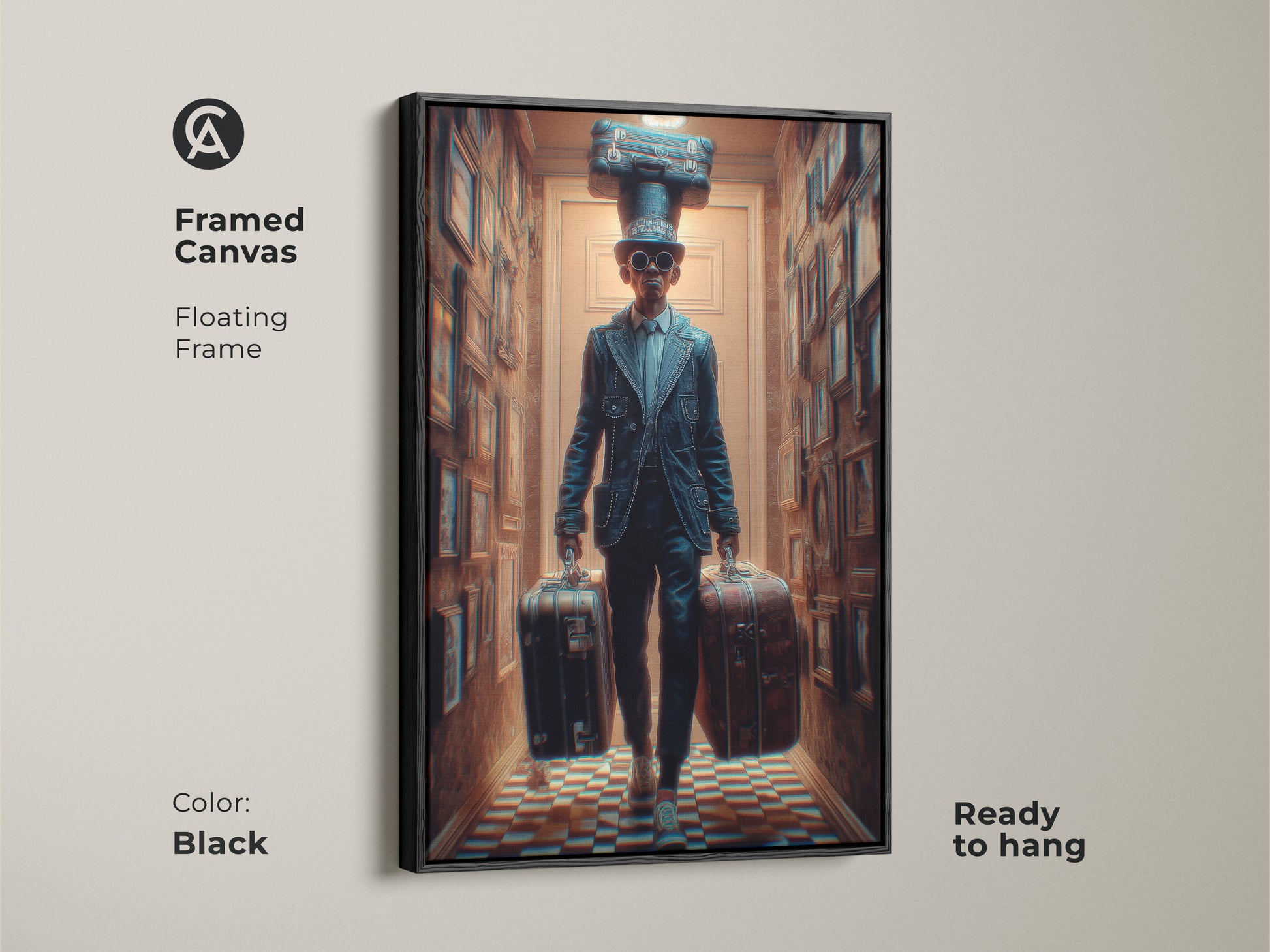 Framed Canvas in Black featuring a Surreal Steampunk Man. The floating frame enhances the artwork. The artwork features a man with suitcases and hat. Ready to hang this eclectic office decor is perfect for travel enthusiasts. This unique wall art adds sophistication.
