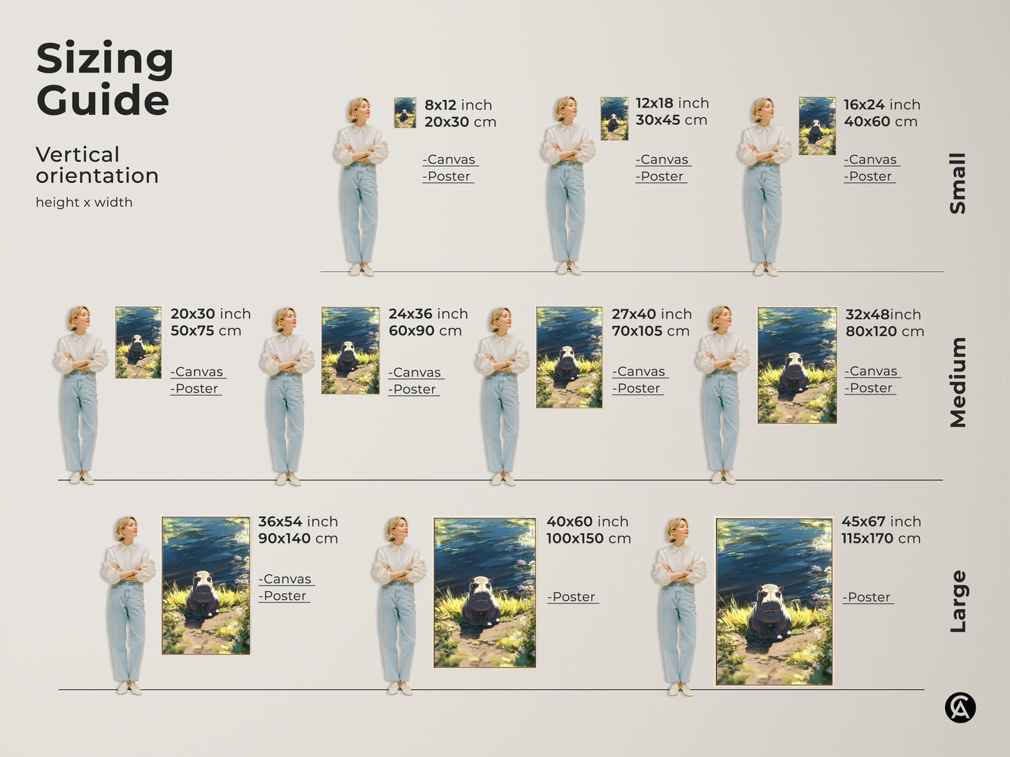 Sizing guide for riverbank hippo art. See how the wildlife canvas wall art looks in various sizes. Visualize the blue green yellow nature decor in your space. Available as canvas or poster in small medium and large sizes.