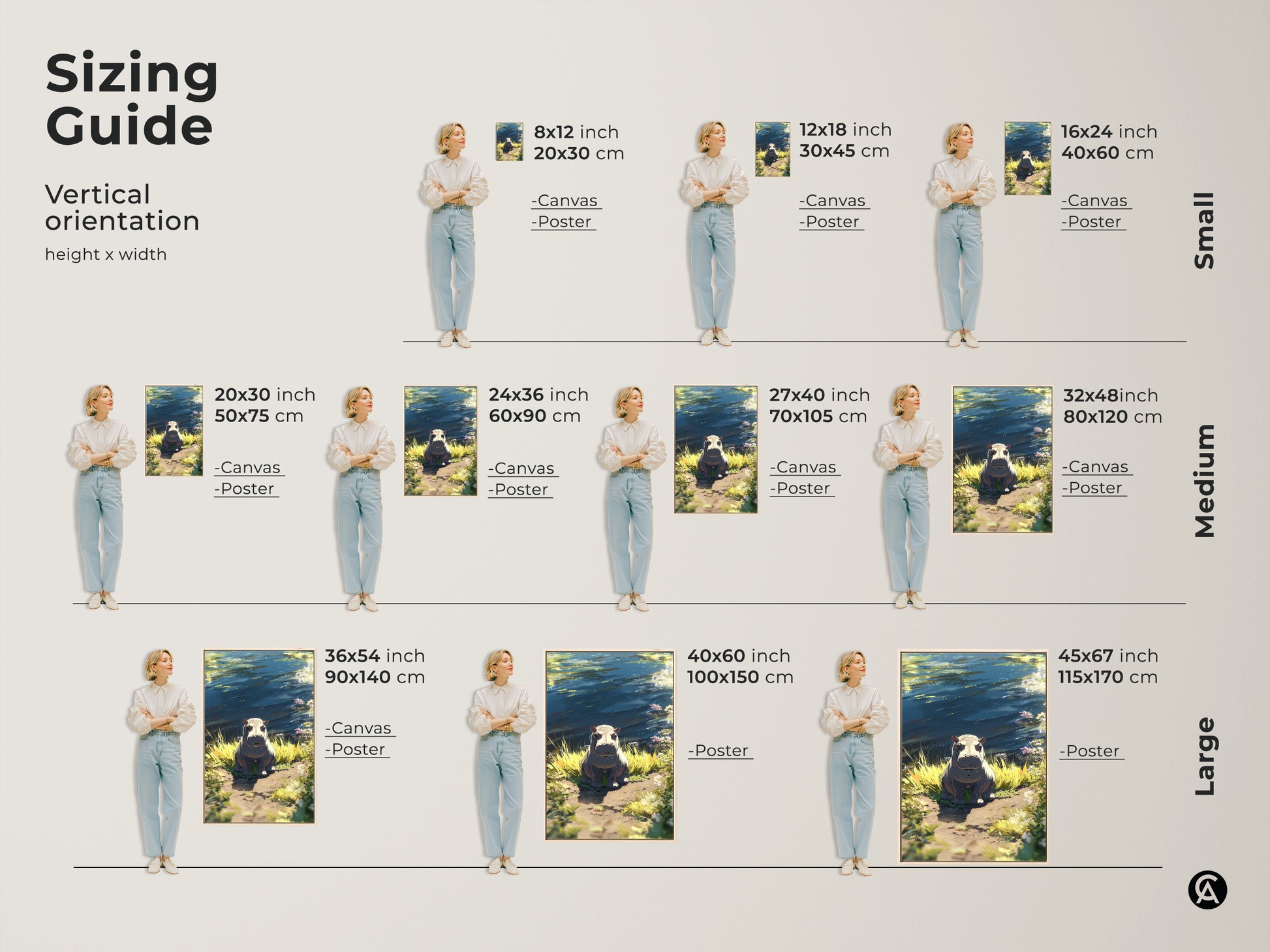 Sizing guide for riverbank hippo art. See how the wildlife canvas wall art looks in various sizes. Visualize the blue green yellow nature decor in your space. Available as canvas or poster in small medium and large sizes.