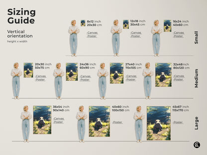 Sizing guide for riverbank hippo art. See how the wildlife canvas wall art looks in various sizes. Visualize the blue green yellow nature decor in your space. Available as canvas or poster in small medium and large sizes.