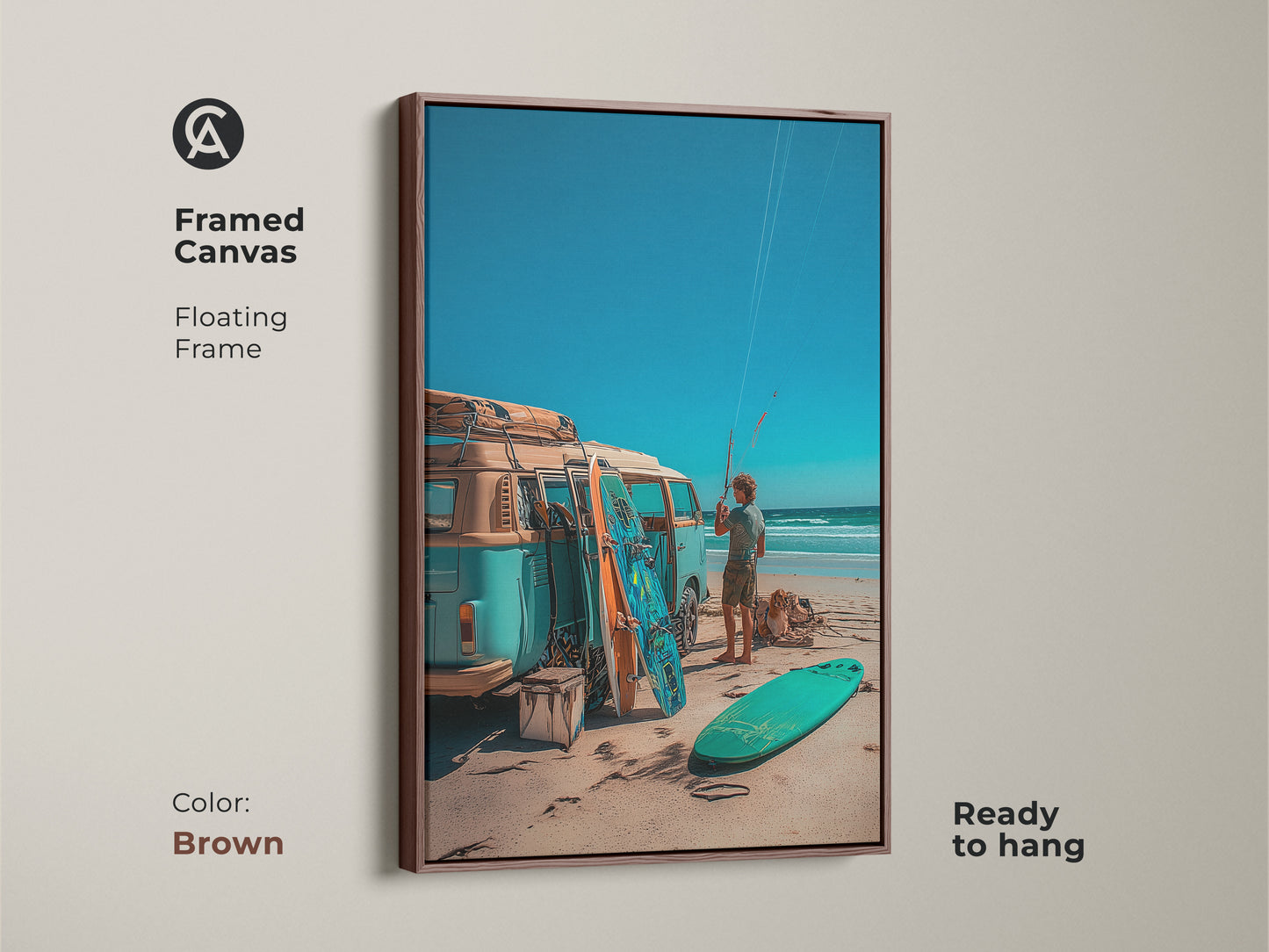 Framed canvas artwork with a floating frame in brown. Ready to hang this piece features a VW bus with surfboards at the beach. The art evokes a sense of summer and surfing adventures.
