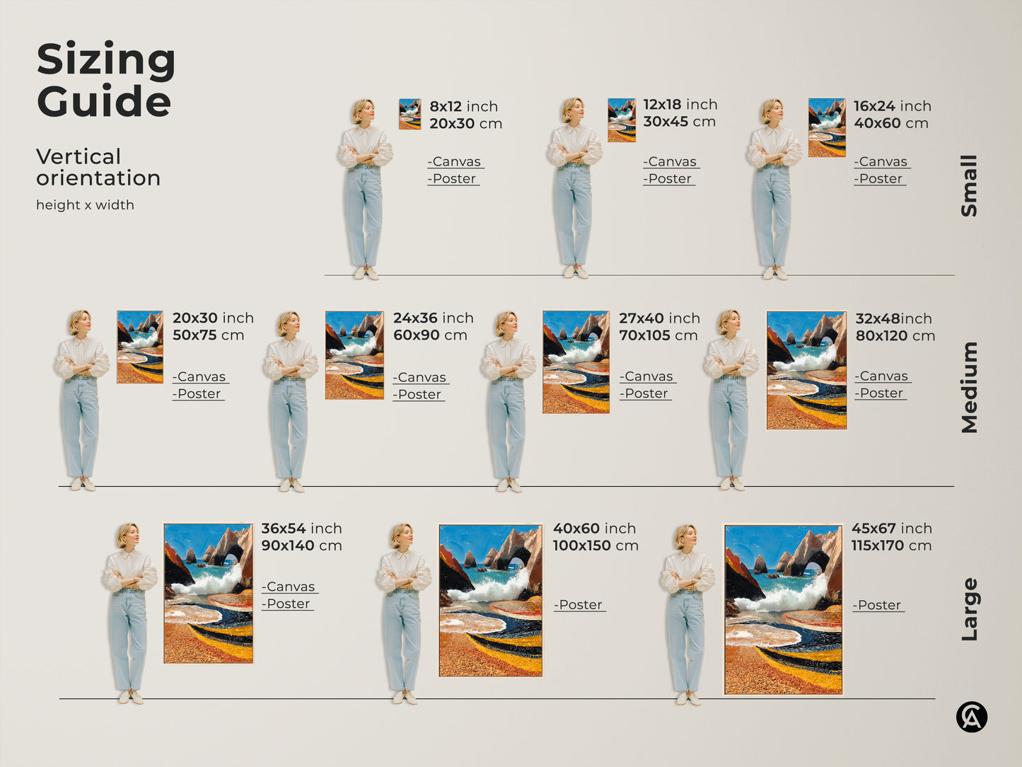 Sizing guide for vertical coastal artwork orientation. Available as canvas or poster in sizes 8x12 to 45x67 inches. Textured ocean archway beach scene. Aqua orange blue seascape wall decor. Perfect as a housewarming gift.