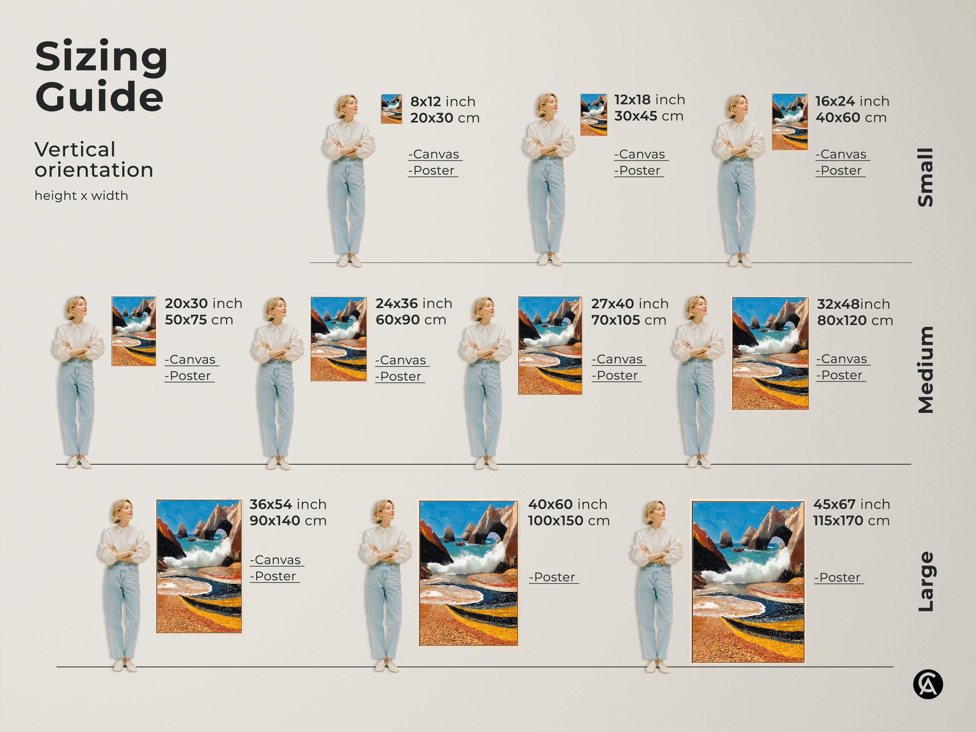 Sizing guide for vertical coastal artwork orientation. Available as canvas or poster in sizes 8x12 to 45x67 inches. Textured ocean archway beach scene. Aqua orange blue seascape wall decor. Perfect as a housewarming gift.
