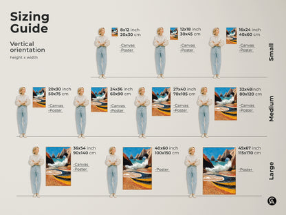 Sizing guide for vertical coastal artwork orientation. Available as canvas or poster in sizes 8x12 to 45x67 inches. Textured ocean archway beach scene. Aqua orange blue seascape wall decor. Perfect as a housewarming gift.