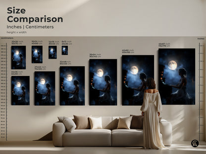 Compare sizes of the Moonlit Piano Woman art in inches and centimeters. This artwork features a woman playing piano under a moonlit night. Available in various sizes as canvas or poster. This romantic music art complements home residential wall art. It is perfect for music lover gift wall art.