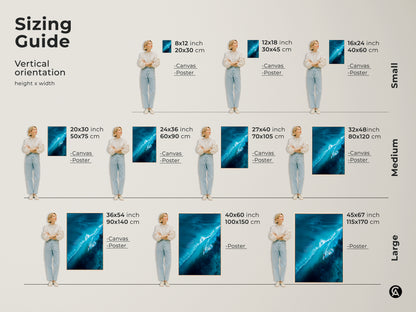 Sizing guide for vertical ocean artwork. Available as canvas or poster. Choose from small medium and large sizes. Find the perfect fit for your space with our diverse range of art sizes.