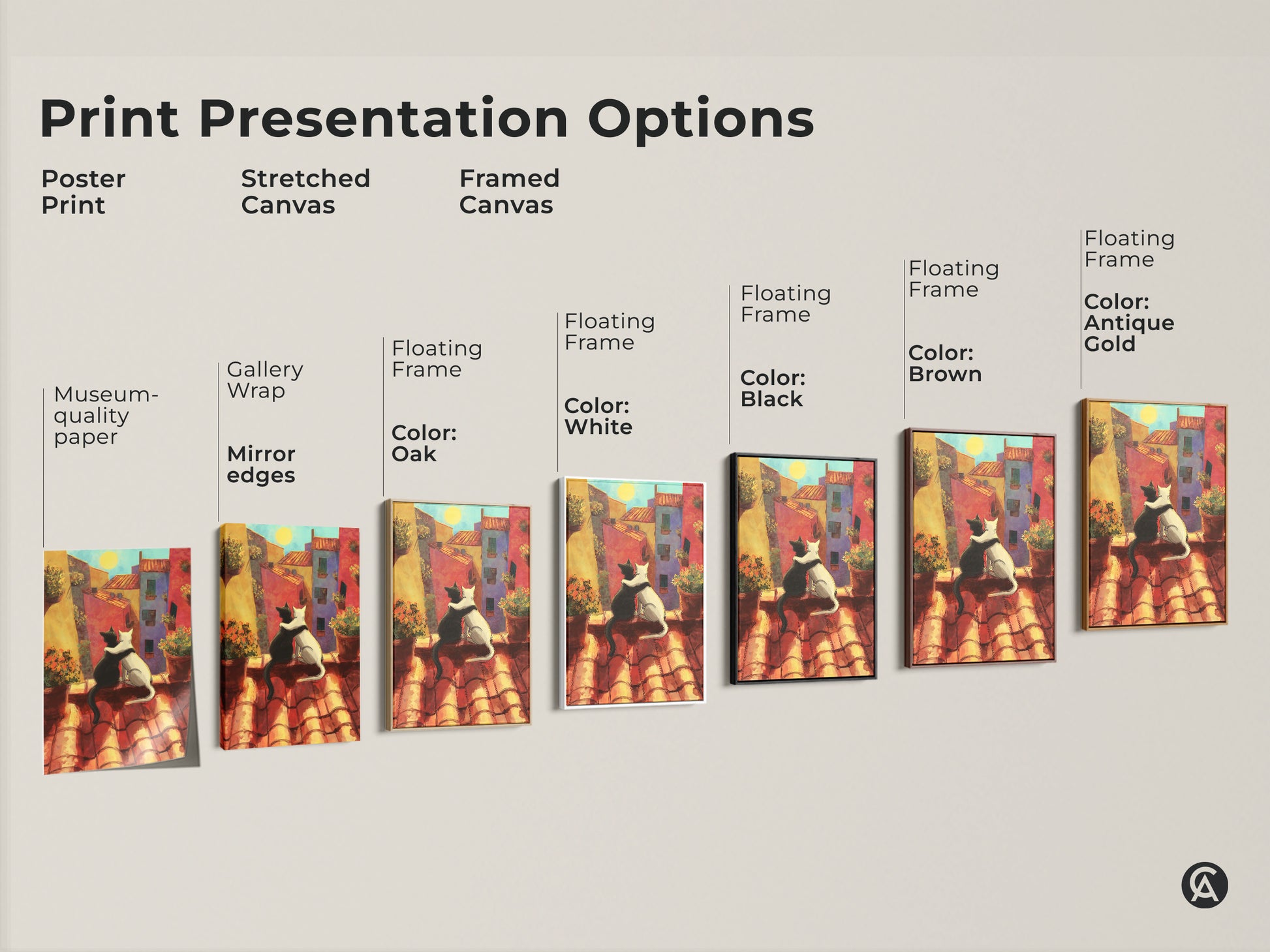 Explore print presentation options: poster print stretched canvas and framed canvas. Romantic cat couple art with museum-quality edges and floating frames. Boho folk art cityscape options.