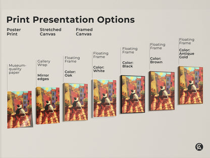 Explore print presentation options: poster print stretched canvas and framed canvas. Romantic cat couple art with museum-quality edges and floating frames. Boho folk art cityscape options.