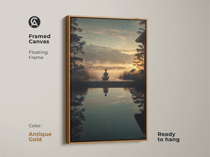Framed Canvas of a Zen Mountain Landscape in a antique gold floating frame. This yoga meditation wall art brings spiritual nature to your home. The yoga pose silhouette and calming colors create a peaceful space. Ready to hang for instant mindful decor.