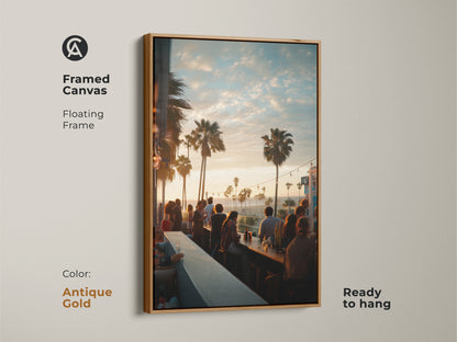 Framed canvas artwork featuring a sunset bar scene in a floating antique gold frame. Palm trees and lively figures add to the coastal ambiance. This ready-to-hang piece brings a touch of elegance and vibrancy to your wall decor.