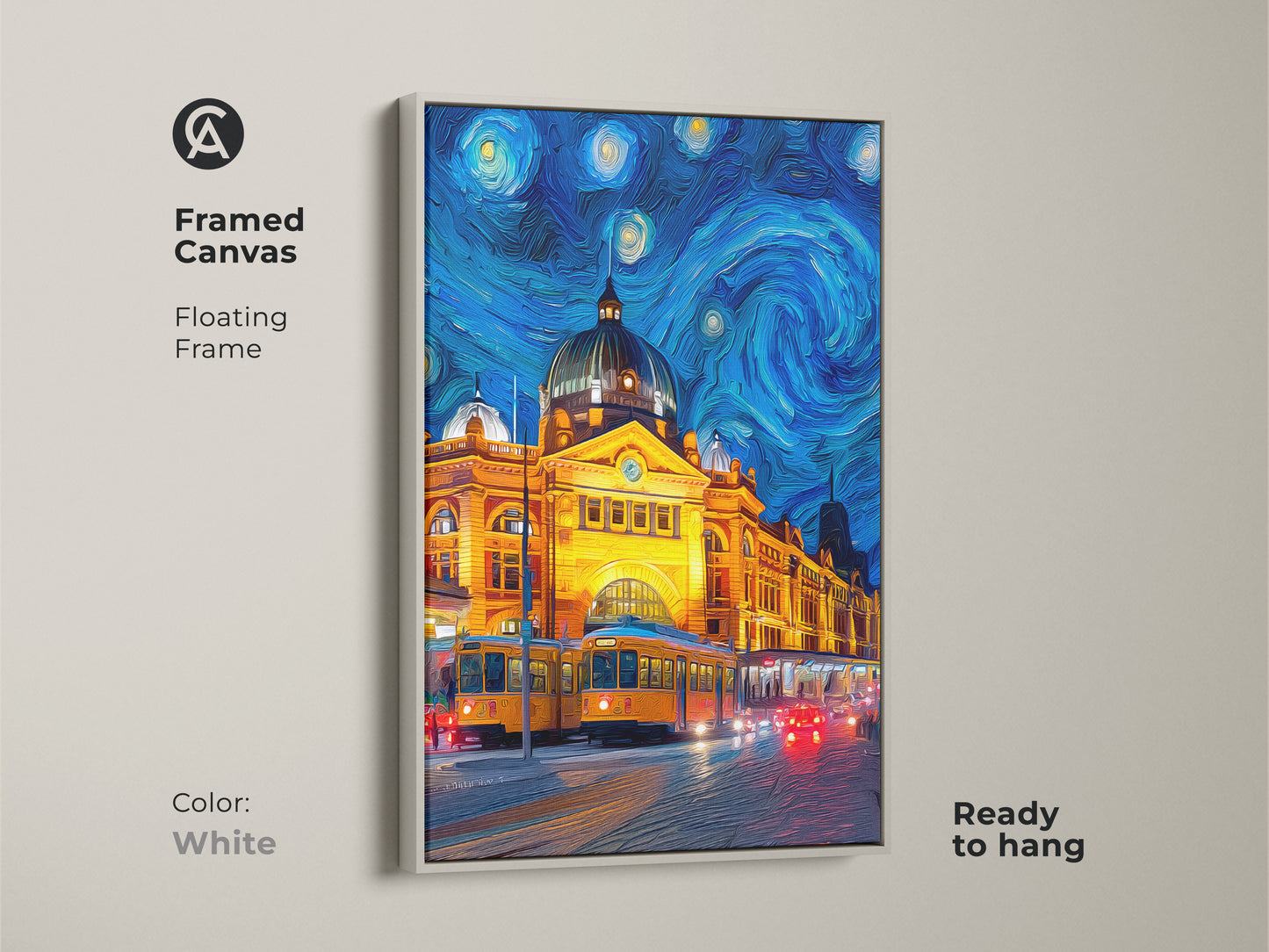 Framed canvas artwork of Flinders Street Station in Melbourne with a white floating frame. The artwork is in a Starry Night style. The canvas is ready to hang. This artwork is a great way to add some color to your home.