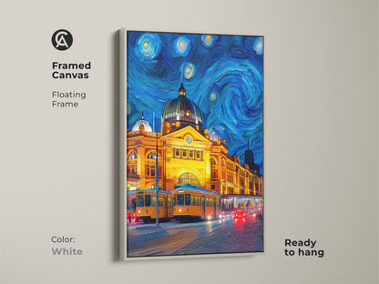 Framed canvas artwork of Flinders Street Station in Melbourne with a white floating frame. The artwork is in a Starry Night style. The canvas is ready to hang. This artwork is a great way to add some color to your home.