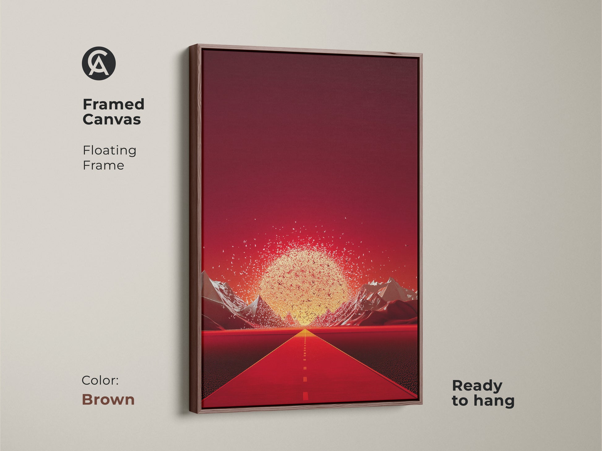 A framed canvas in brown displays a golden mountain print. The artwork shows a crimson road leading to gold mountains. This abstract travel art is ready to hang. It is a contemporary wall print. A unique home decor gift with a surrealist landscape. The piece features vivid color wall art.