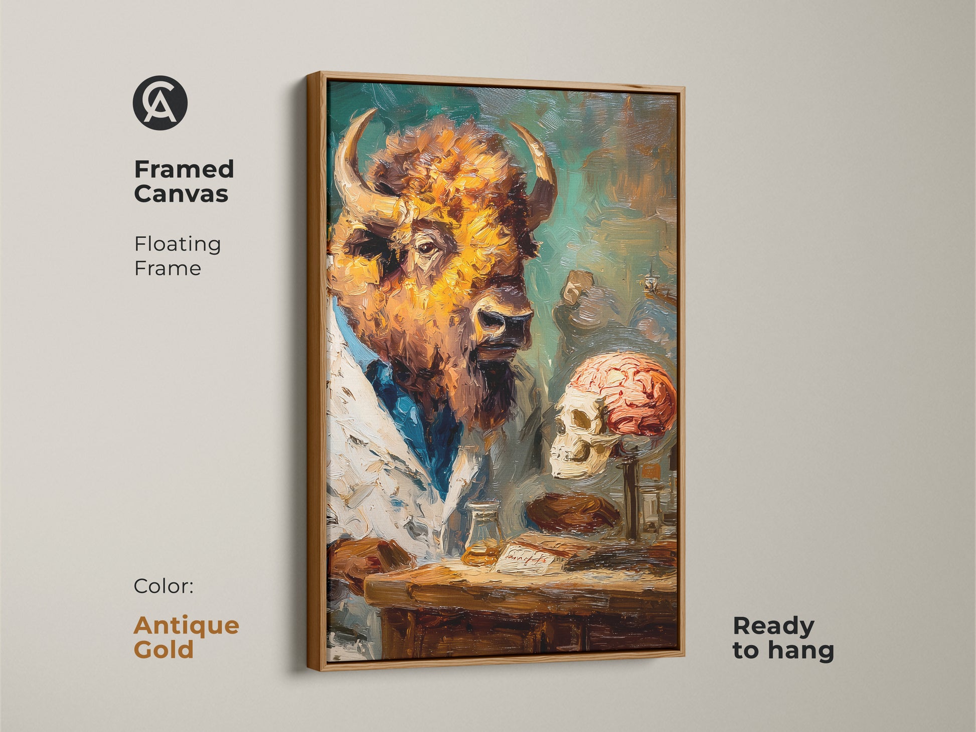 A captivating artwork shows a bison head scientist wearing a lab coat. The animal is placed next to a human skull with a brain. It is an oil painting style framed canvas in Antique Gold. The artwork has a floating frame and is ready to hang.