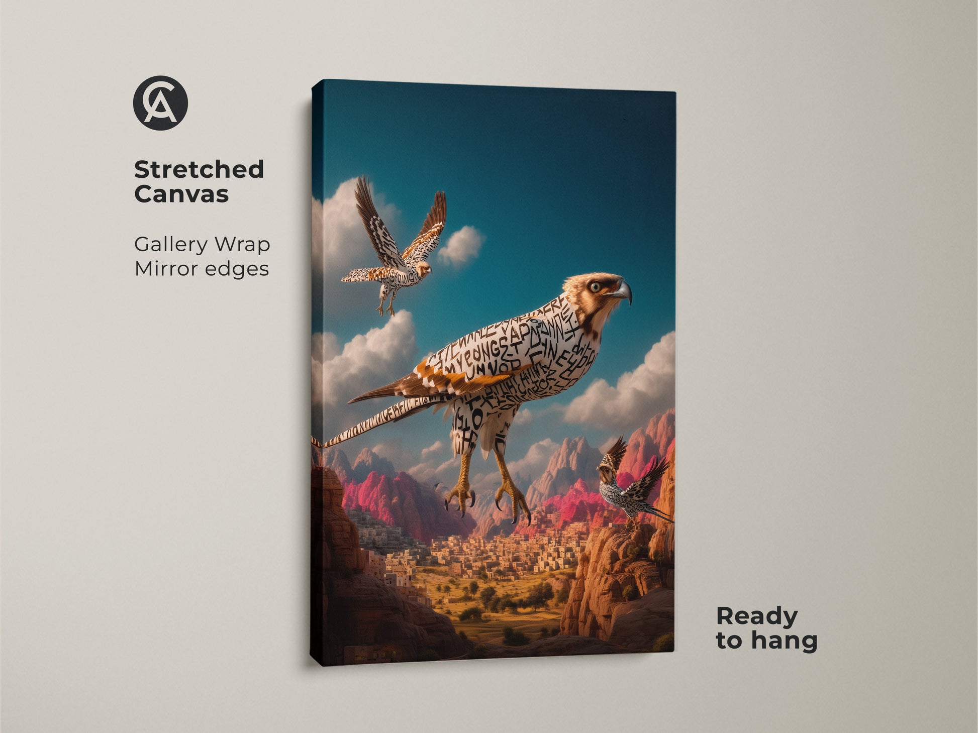 This is a stretched canvas print featuring surreal falcon art with Arabic calligraphy. See the gallery wrapped edges and mirror edges. It showcases terracotta sky blue and teal. The artwork is ready to hang. Perfect eclectic home decor for bird and typography art lovers.
