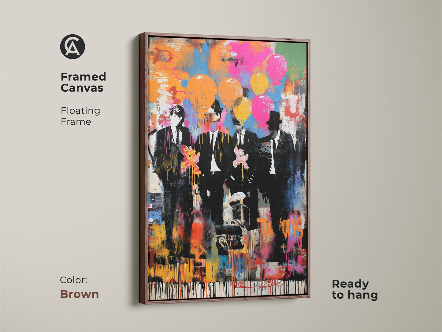This framed canvas displays graffiti style men in suits. The floating frame is brown. It is ready to hang. The abstract balloon print combines pop culture and modern figurative art. The eclectic art features pink blue and orange hues. A stylish home decor piece.