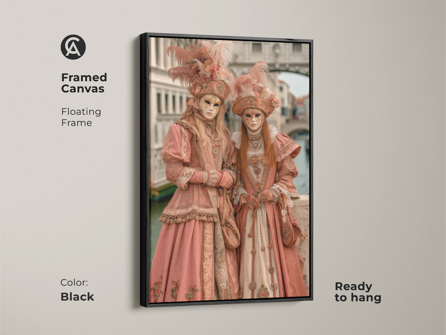 Framed canvas featuring Venetian carnival figures in pink costumes. The black floating frame enhances the artwork's appeal. Ready to hang this piece adds an elegant touch to any room. Ideal for those who appreciate fine art and Venetian traditions.