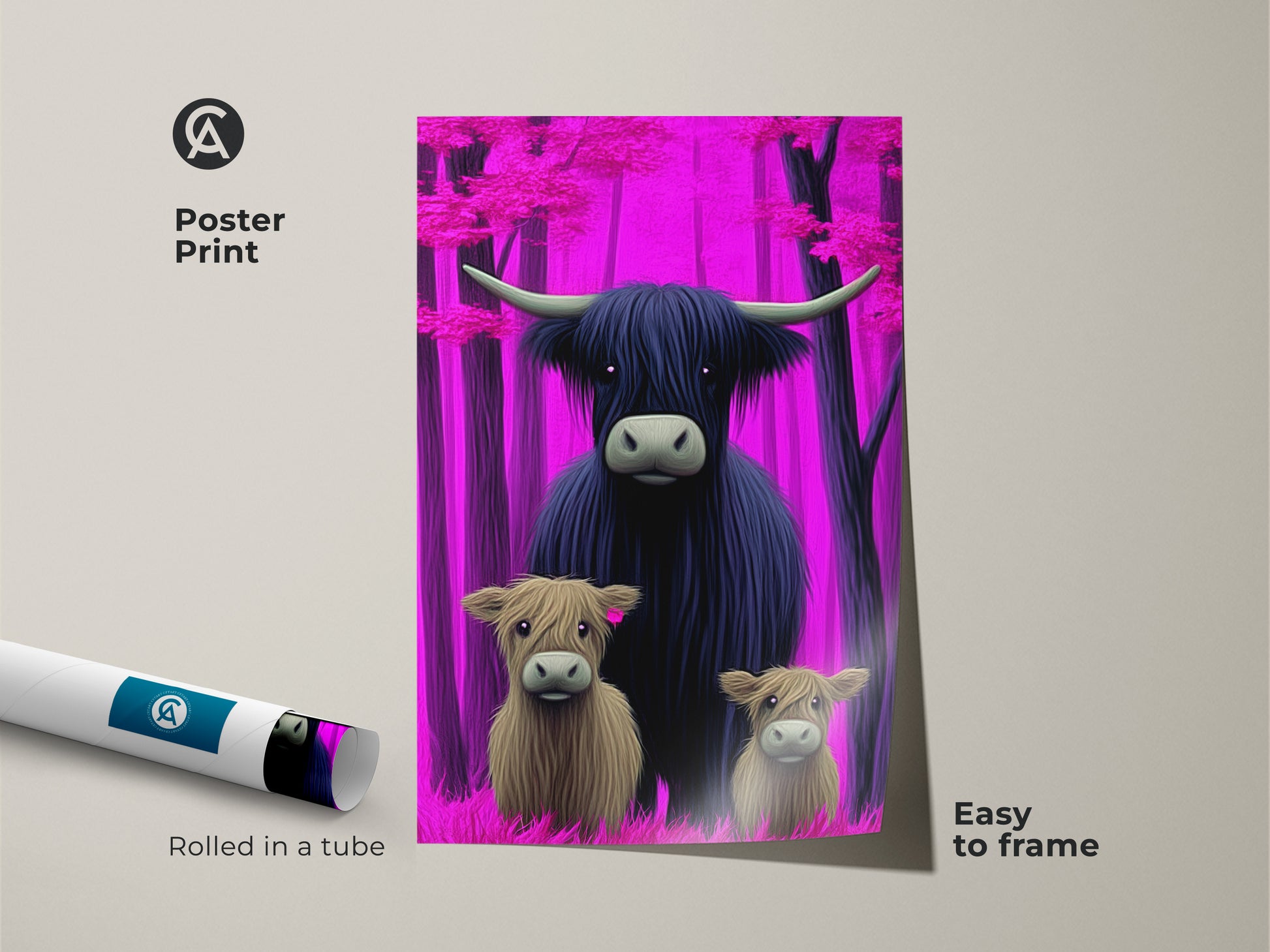 Fantasy animal poster print featuring a Highland Cow family art. This art is displayed rolled in a tube and is easy to frame. This pink purple forest print is perfect for eclectic home decor. A unique and whimsical piece for animal art lovers.