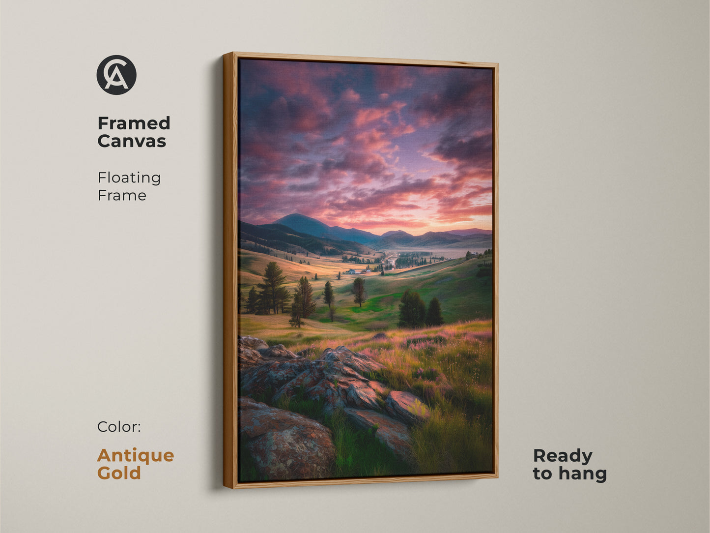Antique gold framed canvas featuring mountain valley scenery. The warm tones of this landscape painting add charm. This ready-to-hang artwork is ideal for rustic homes. Makes a beautiful housewarming gift.