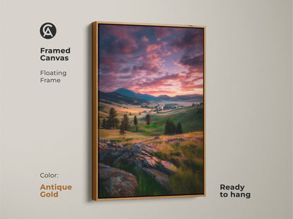 Antique gold framed canvas featuring mountain valley scenery. The warm tones of this landscape painting add charm. This ready-to-hang artwork is ideal for rustic homes. Makes a beautiful housewarming gift.