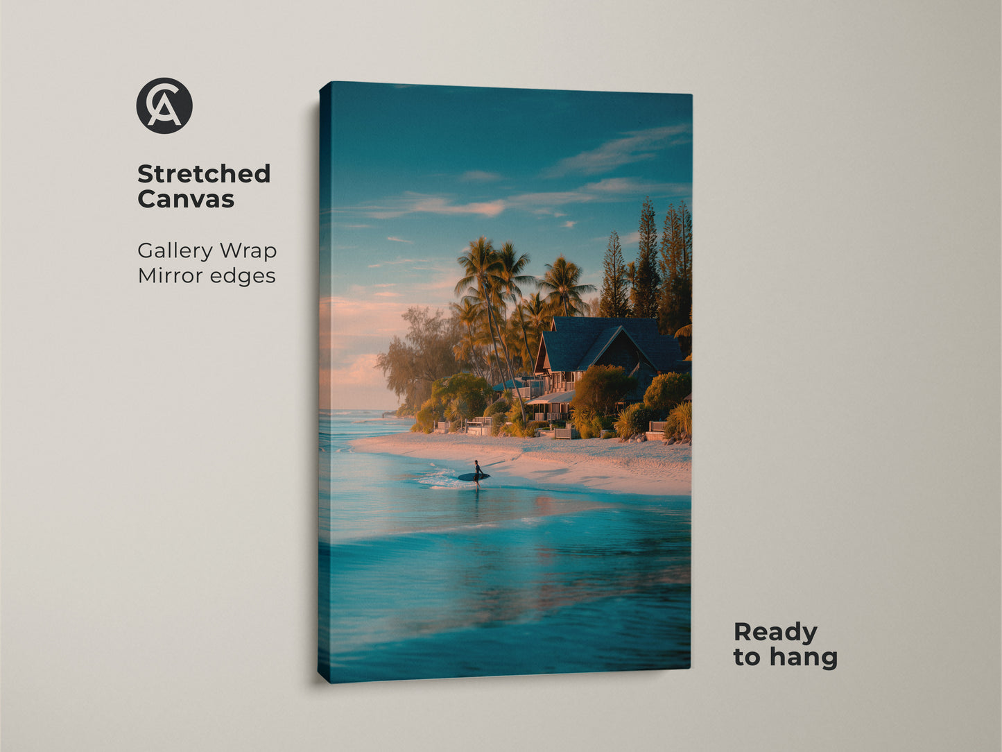 Stretched canvas artwork capturing a tranquil beach scene. This gallery-wrapped canvas features a surfer in turquoise water. Palm trees and a cozy beach house adorn the shore. The mirror edges create a seamless look. Ready to hang this canvas art enhances any space.