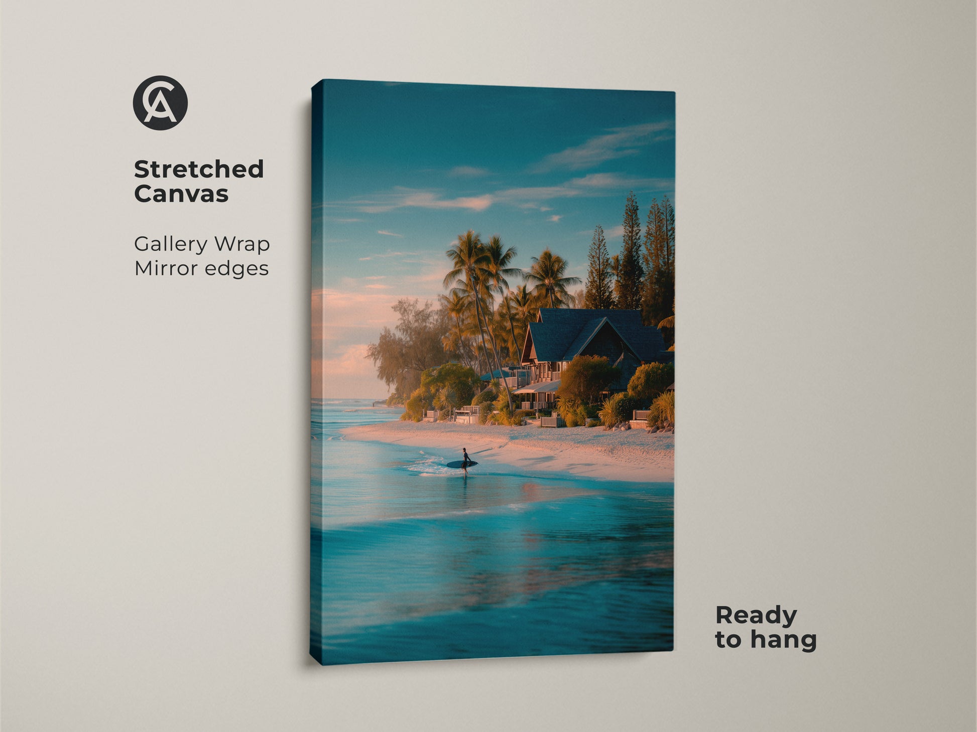 Stretched canvas artwork capturing a tranquil beach scene. This gallery-wrapped canvas features a surfer in turquoise water. Palm trees and a cozy beach house adorn the shore. The mirror edges create a seamless look. Ready to hang this canvas art enhances any space.