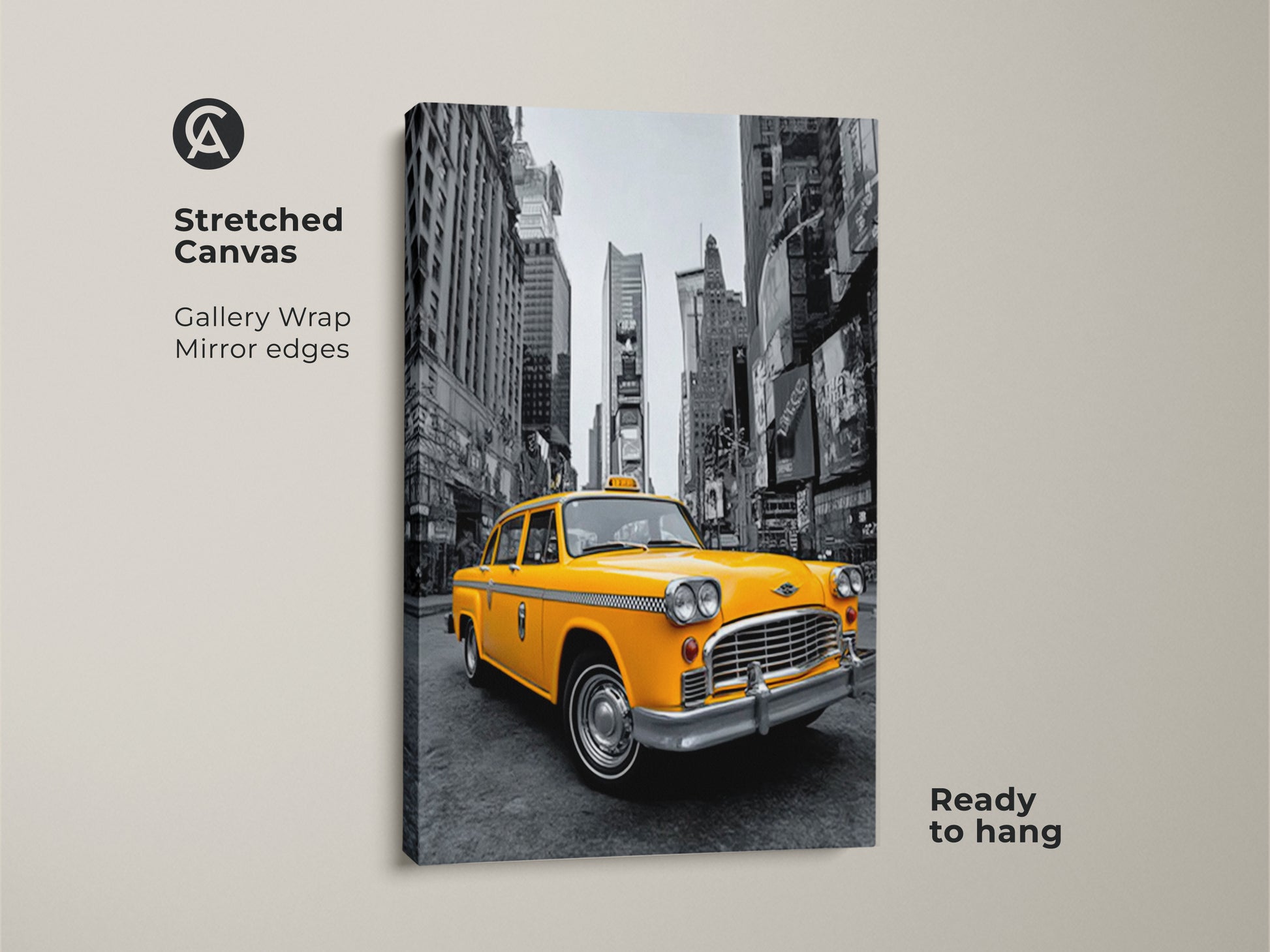 This is a stretched canvas art print of a classic yellow taxi. The gallery wrap with mirror edges gives it a sleek contemporary look. Ready to hang this canvas will transform any room. The black and white background makes the yellow pop. Add this New York taxi to your art collection.