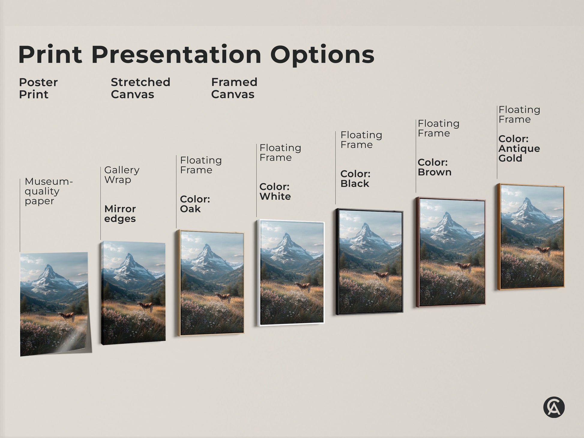 Explore print presentation options with this Matterhorn artwork. Choose from poster prints stretched canvas and framed canvas. Options include gallery wrap and floating frames in various colors. Find the perfect style to showcase this alpine masterpiece in your home.