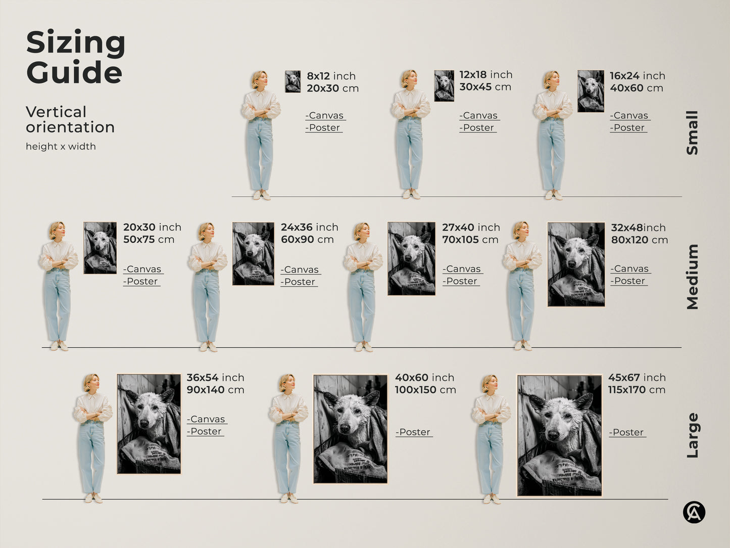 Sizing guide for vertical monochrome artwork featuring a wet dog. Visualize the perfect fit with canvas and poster options. See how different sizes enhance your space. Choose from small medium and large sizes. Transform your walls with this unique canine art piece.