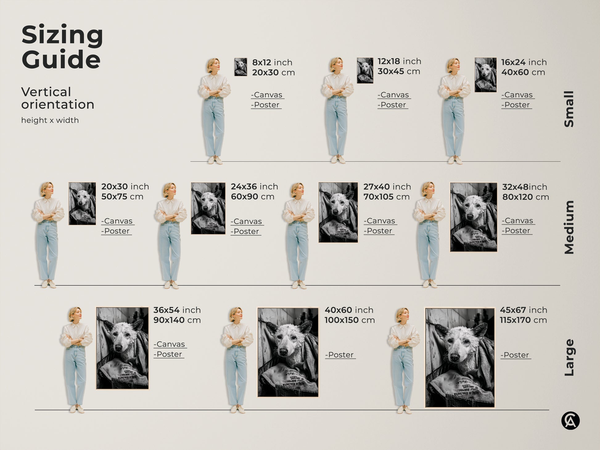 Sizing guide for vertical monochrome artwork featuring a wet dog. Visualize the perfect fit with canvas and poster options. See how different sizes enhance your space. Choose from small medium and large sizes. Transform your walls with this unique canine art piece.