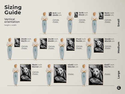 Sizing guide for vertical monochrome artwork featuring a wet dog. Visualize the perfect fit with canvas and poster options. See how different sizes enhance your space. Choose from small medium and large sizes. Transform your walls with this unique canine art piece.