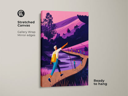 Modern hiker wall art on stretched canvas. Pink and purple landscape art features gallery wrap mirror edges and is ready to hang. The adventure travel canvas print is a great housewarming gift for outdoor lovers.