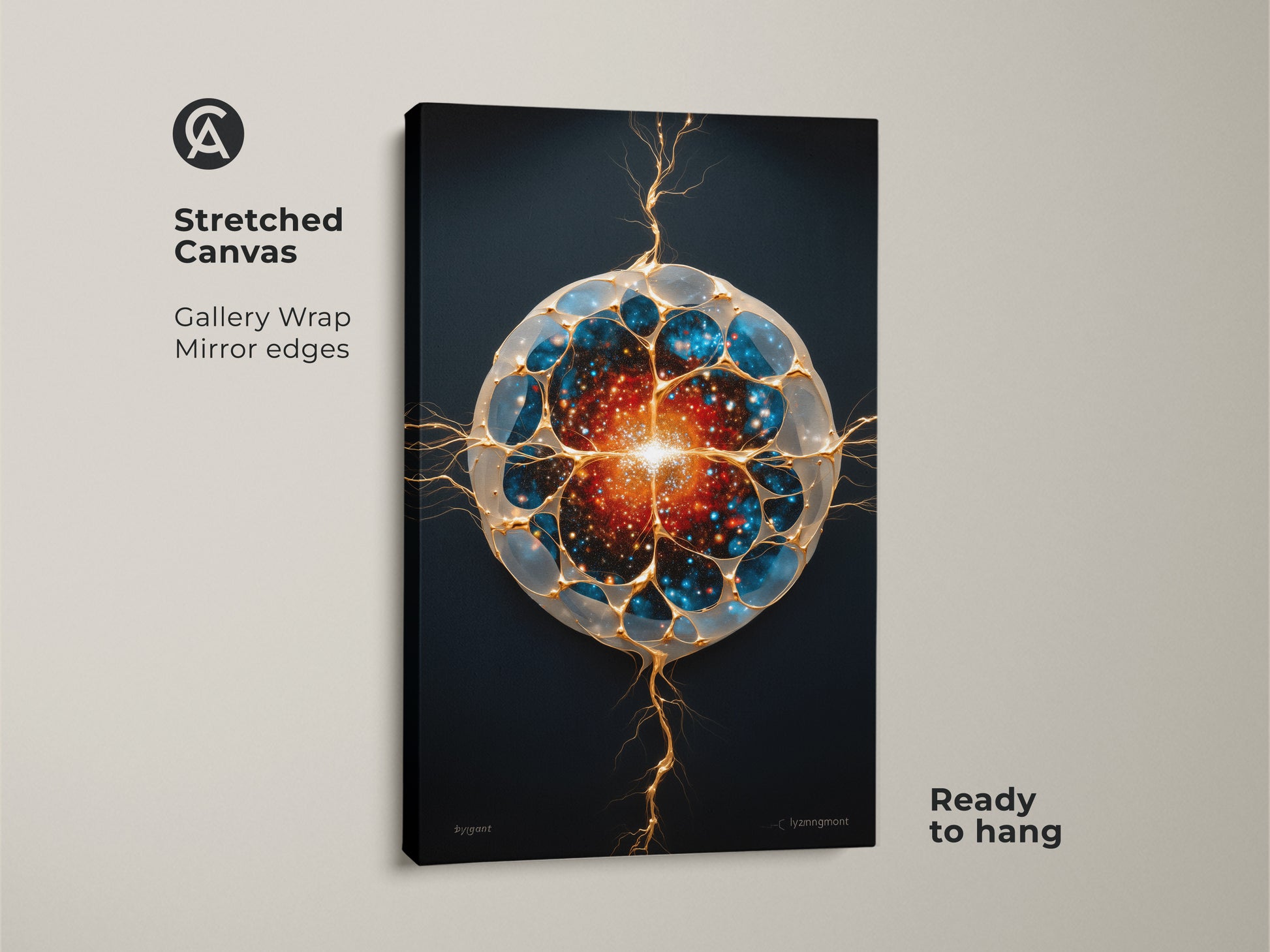 Stretched canvas print showcases generative galaxy wall art. This abstract cosmic artwork features a unique cell print. It is ready to hang with mirrored edges. The contemporary piece features blue gold and orange colors. Ideal for modern sci-fi office decor or as a stargazing gift.