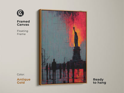 Framed canvas with a floating frame displays the Statue of Liberty artwork. The abstract cityscape print comes in antique gold. Crimson and teal provide a striking statement piece that's ready to hang.