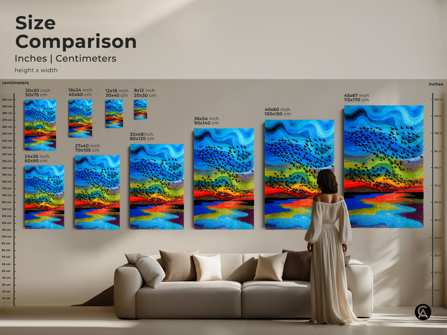 Size comparison of abstract bird art in inches and centimeters. A woman is viewing the artwork above the couch. Blue red green nature landscape wall art displayed in living room decor adds elegance.