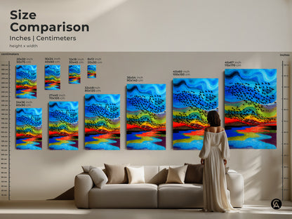 Size comparison of abstract bird art in inches and centimeters. A woman is viewing the artwork above the couch. Blue red green nature landscape wall art displayed in living room decor adds elegance.