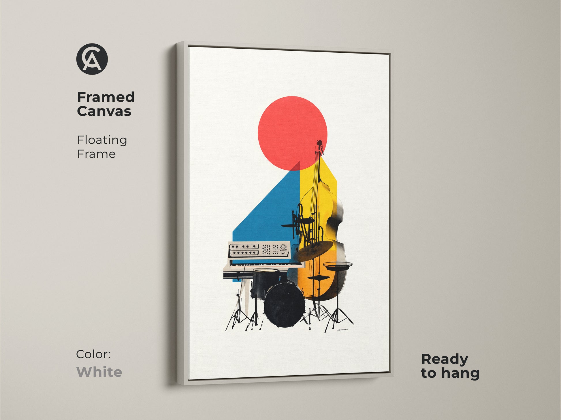 Framed canvas with a white floating frame featuring abstract geometric wall art. This modern music canvas print features a double bass and synth in red yellow and blue geometric shapes ready to hang.
