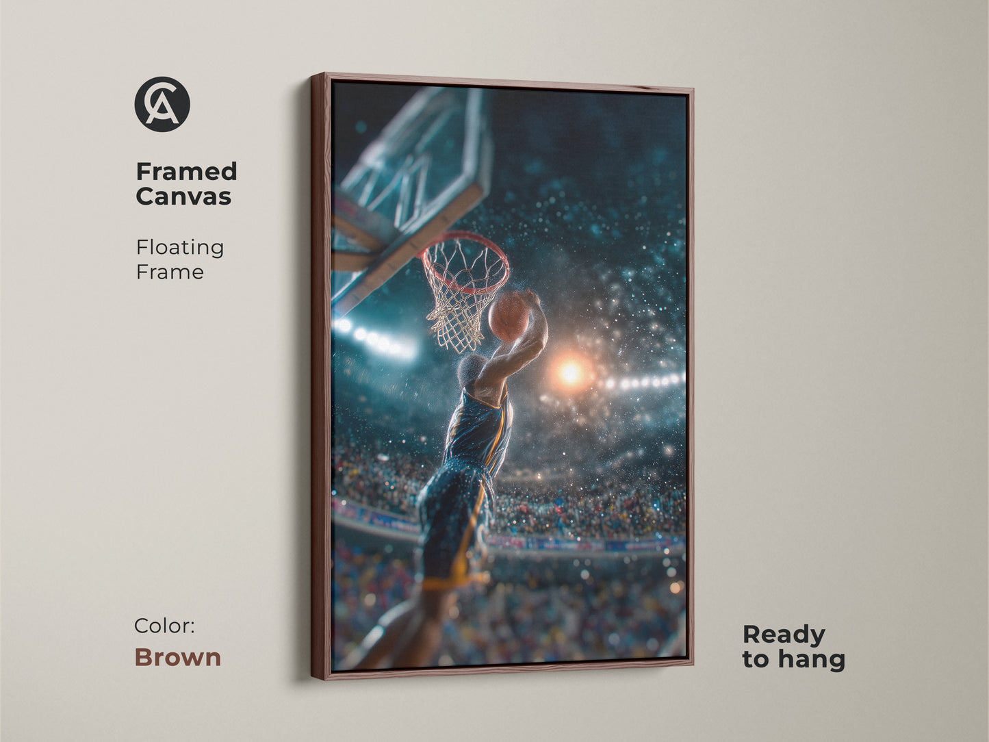 A basketball player dunks in this captivating sports art print. Framed in a brown floating frame it adds warmth to any room. The artwork captures the intensity of the game. A slam dunk for sports fans and art collectors alike. Elevate your space with this dynamic piece.
